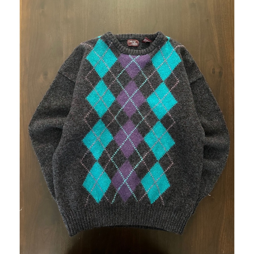 Vintage Cambridge Classics Argyle Shetland Wool Sweater XL Gray Teal Purple